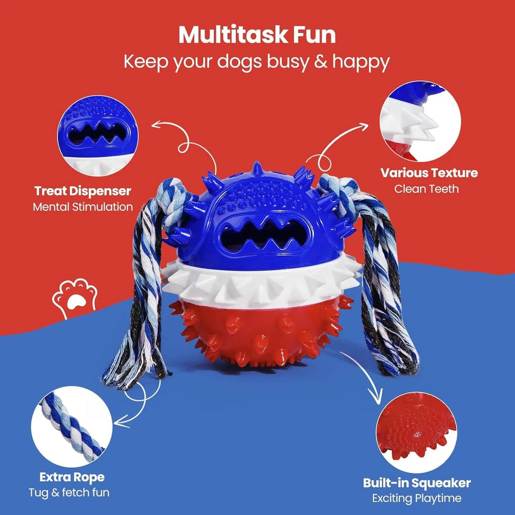 Blue and red squeaky treat-dispensing dog ball toy for large breeds on a plain background.