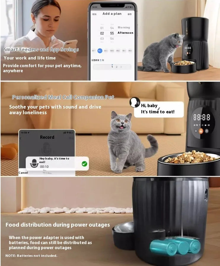 Intelligent automatic pet feeder with smartphone app remote control in black or white