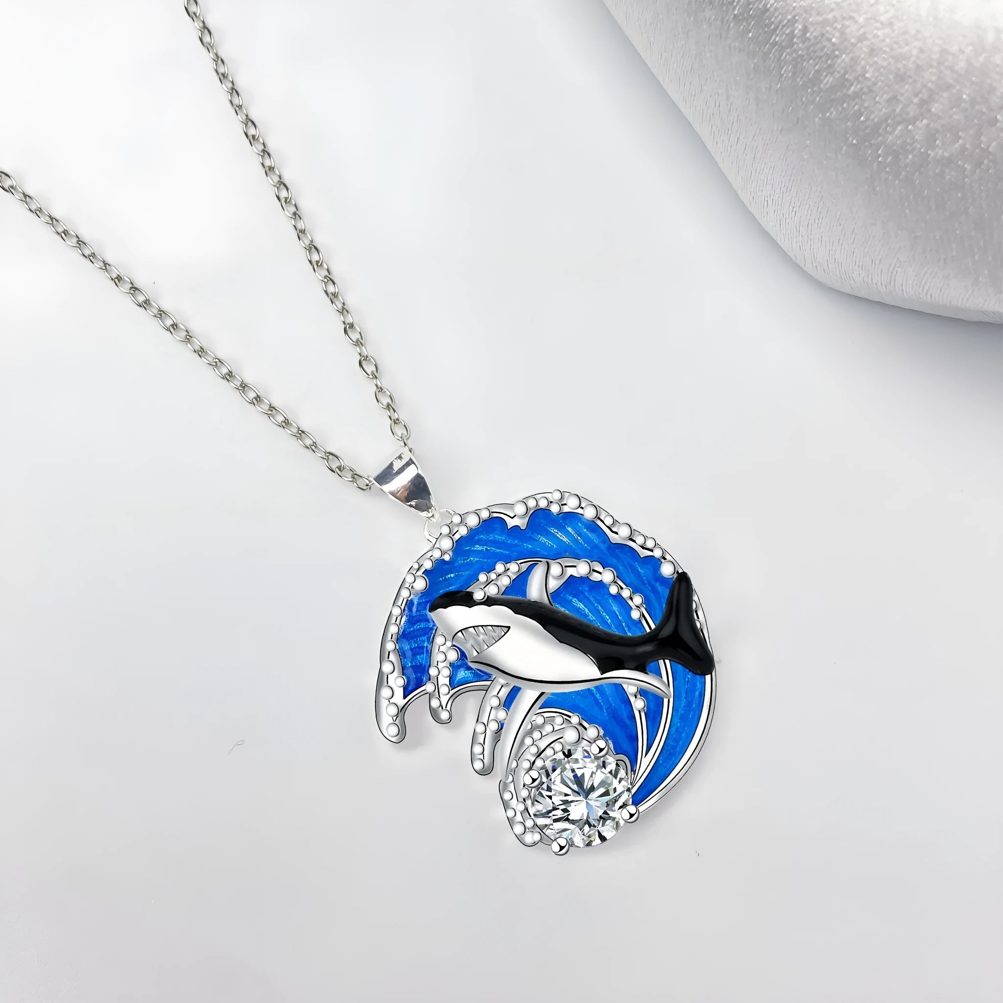 Shark pendant necklace with copper animal modelling on adjustable cross chain