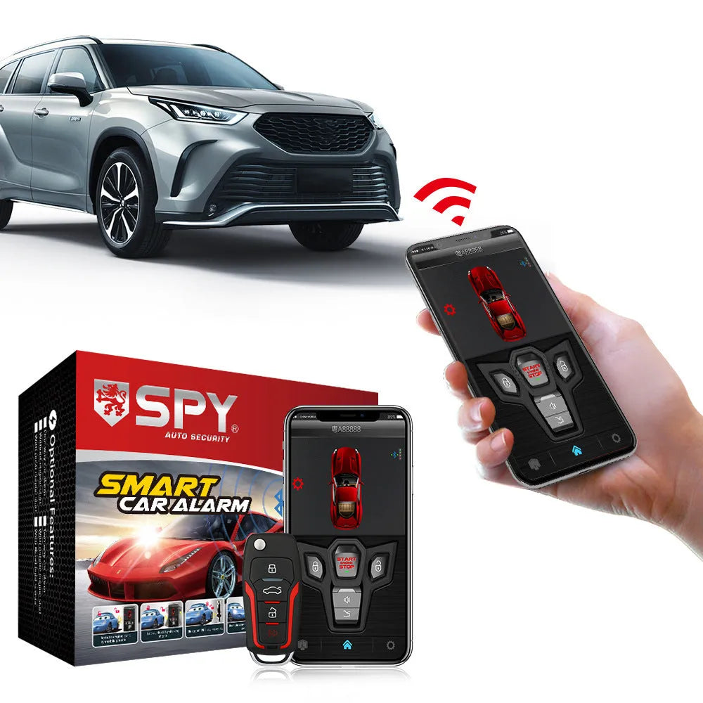 Red and frosted black one-way remote control car alarm system with two remotes for vehicle security.