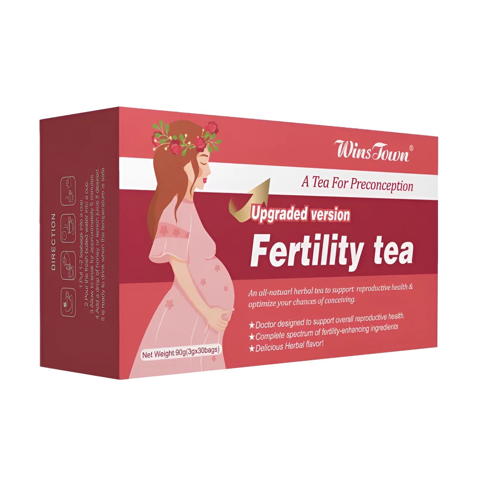 Box of fertility tea containing 330 individual tea bags packaged across three smaller boxes.