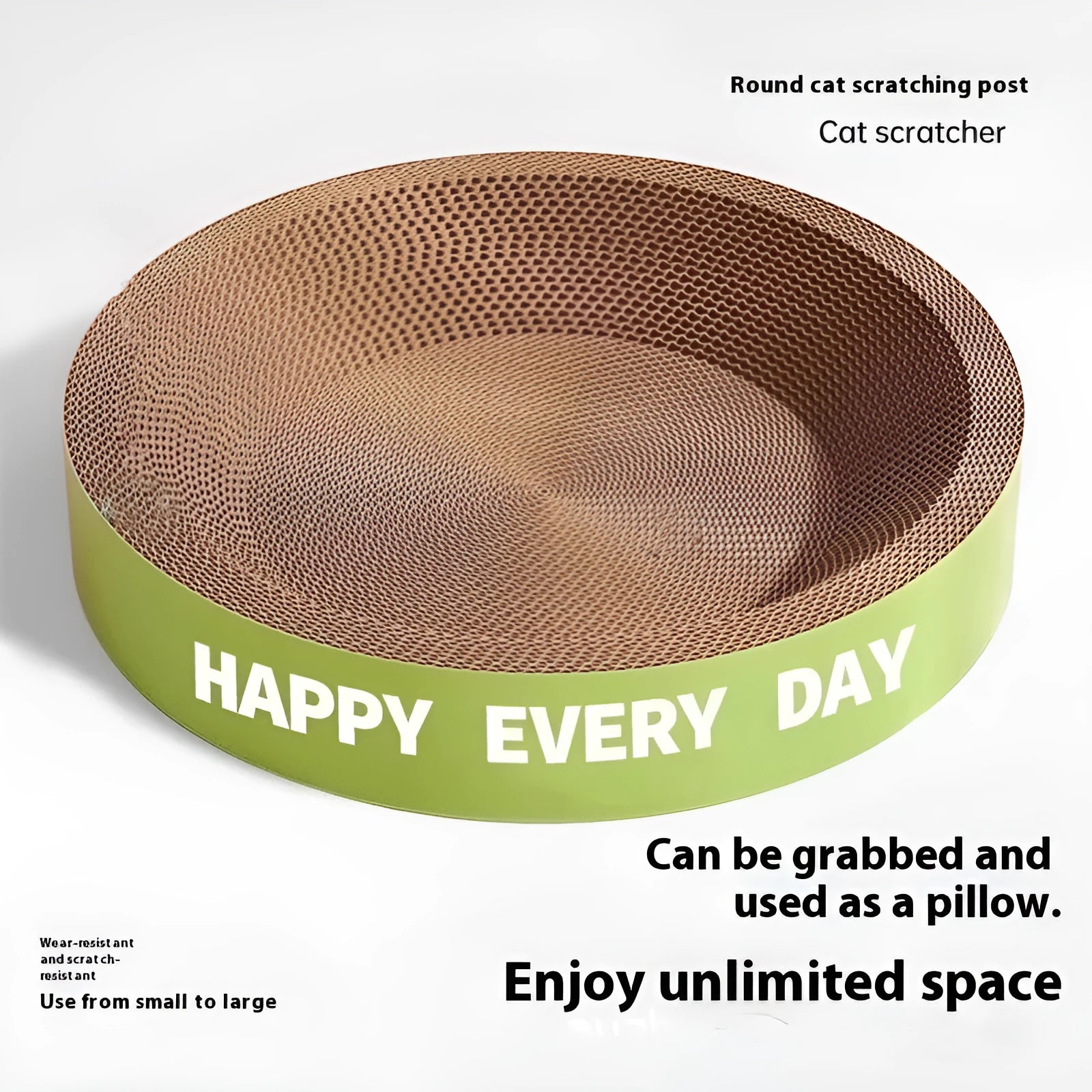 Green round cardboard cat scratching board with a central nest bed.