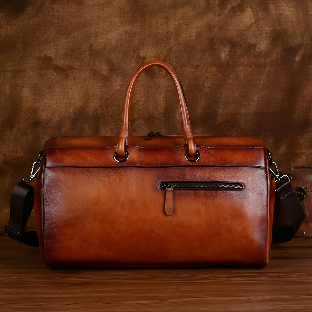 Handmade brown retro leather tote bag with top layer cowhide and large capacity.
