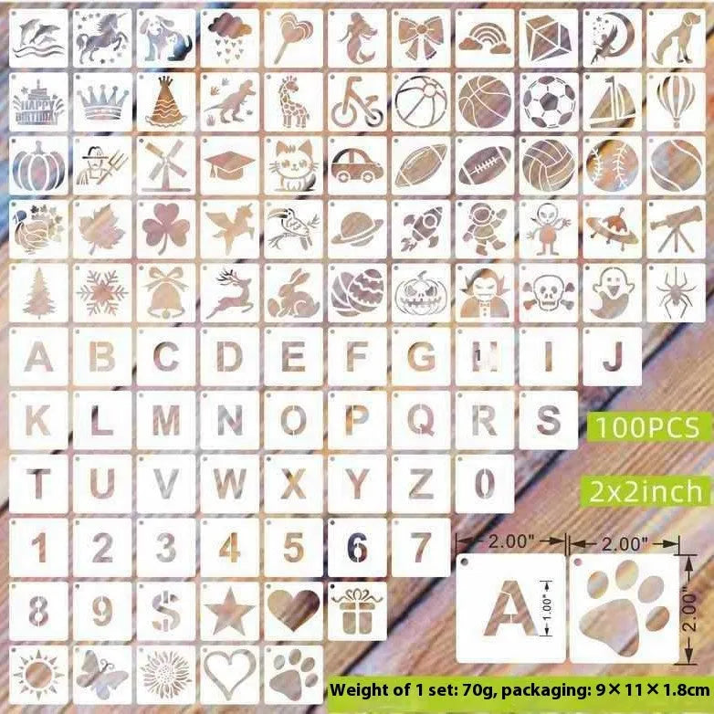 700-piece collection of 2-inch PET film spray painting stencils showing flower, animal, ocean, Hawaiian, and letter designs