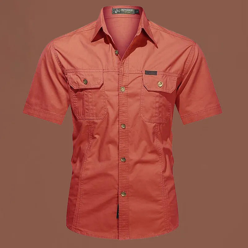 Men's short sleeve cotton work shirt in army green with loose fit design