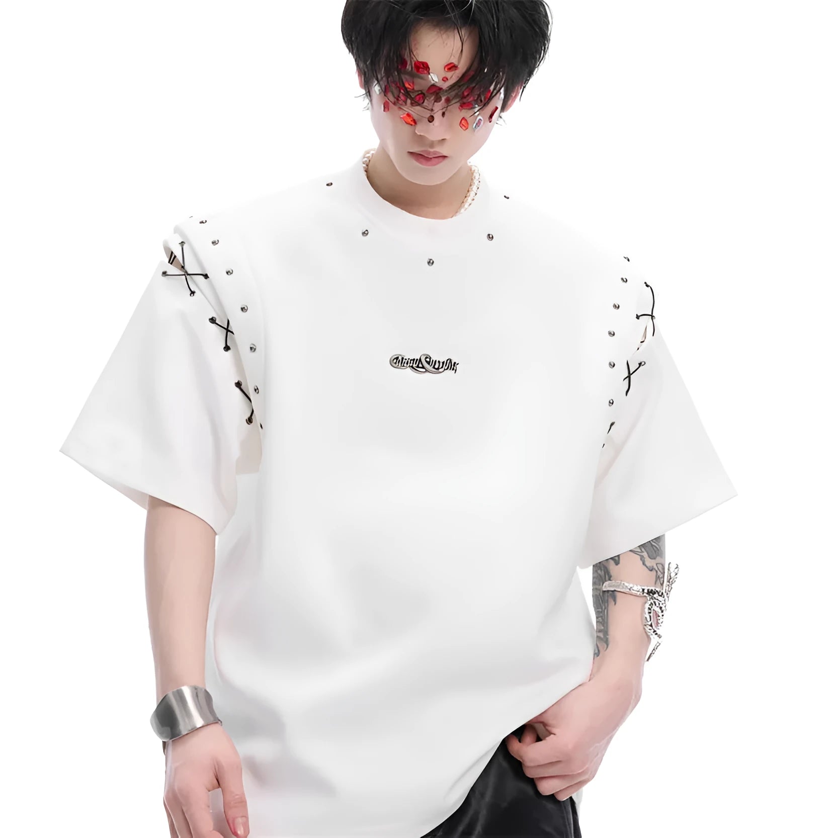 Deconstruction style short sleeve T-shirt with lace-up cutout detailing in black.