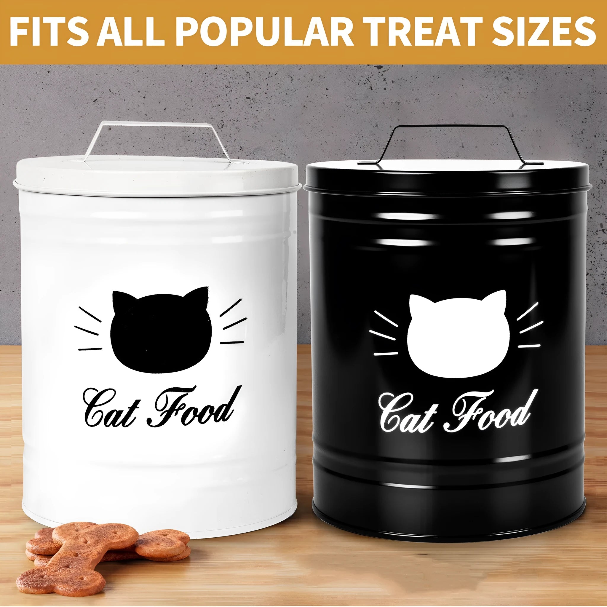 Round black iron sheet storage bucket with lid for household pantry organisation.