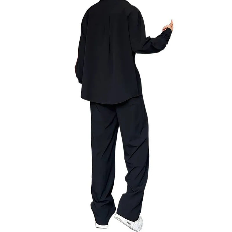 Men's black hemp polo shirt and trousers two-piece casual suit in slim fit
