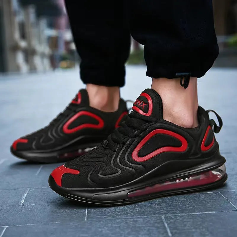 Men's black casual running sneakers with air cushion, lace-up front, and thick sole.