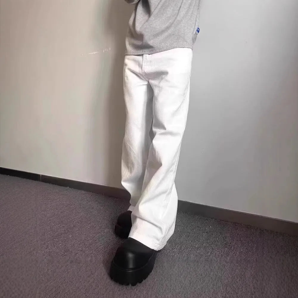 Men's white straight-leg jeans with loose fit and wide leg opening