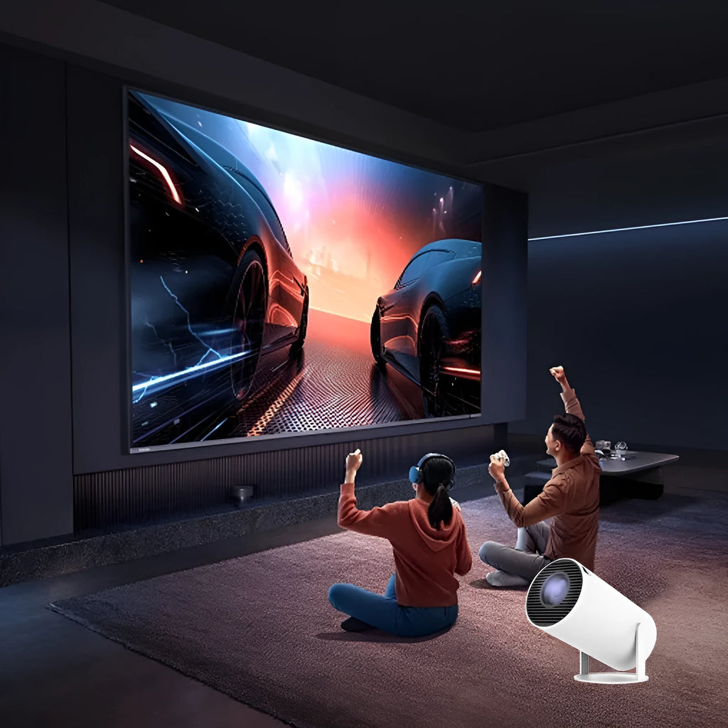 White Barrel X10 PLUS portable smart projector with remote control and gamepad on table