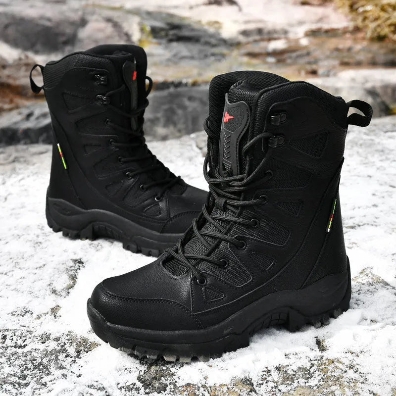 Cowhide leather hi-top hiking shoes in black, brown, and beige colours for outdoor activities