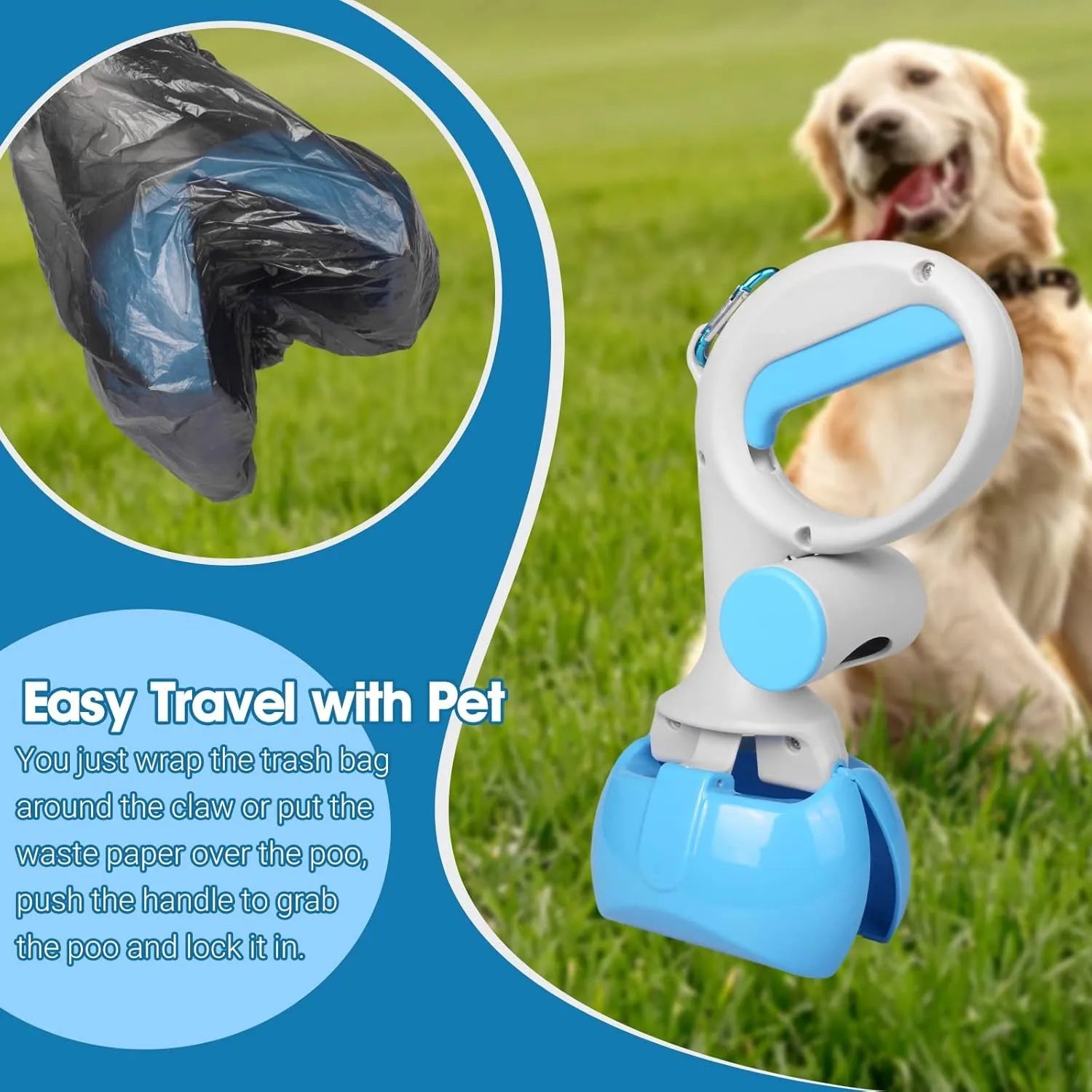 Blue plastic pet pooper scooper with built-in trash bag storage compartment and top hook.
