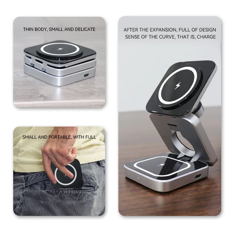 Three-in-one desktop wireless charging bracket for Apple, Samsung and Google Pixel devices with folding design