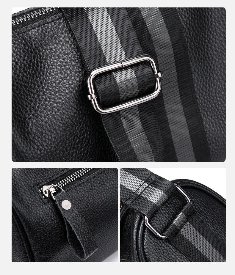 Black genuine leather women's crossbody bag showing front view and shoulder strap