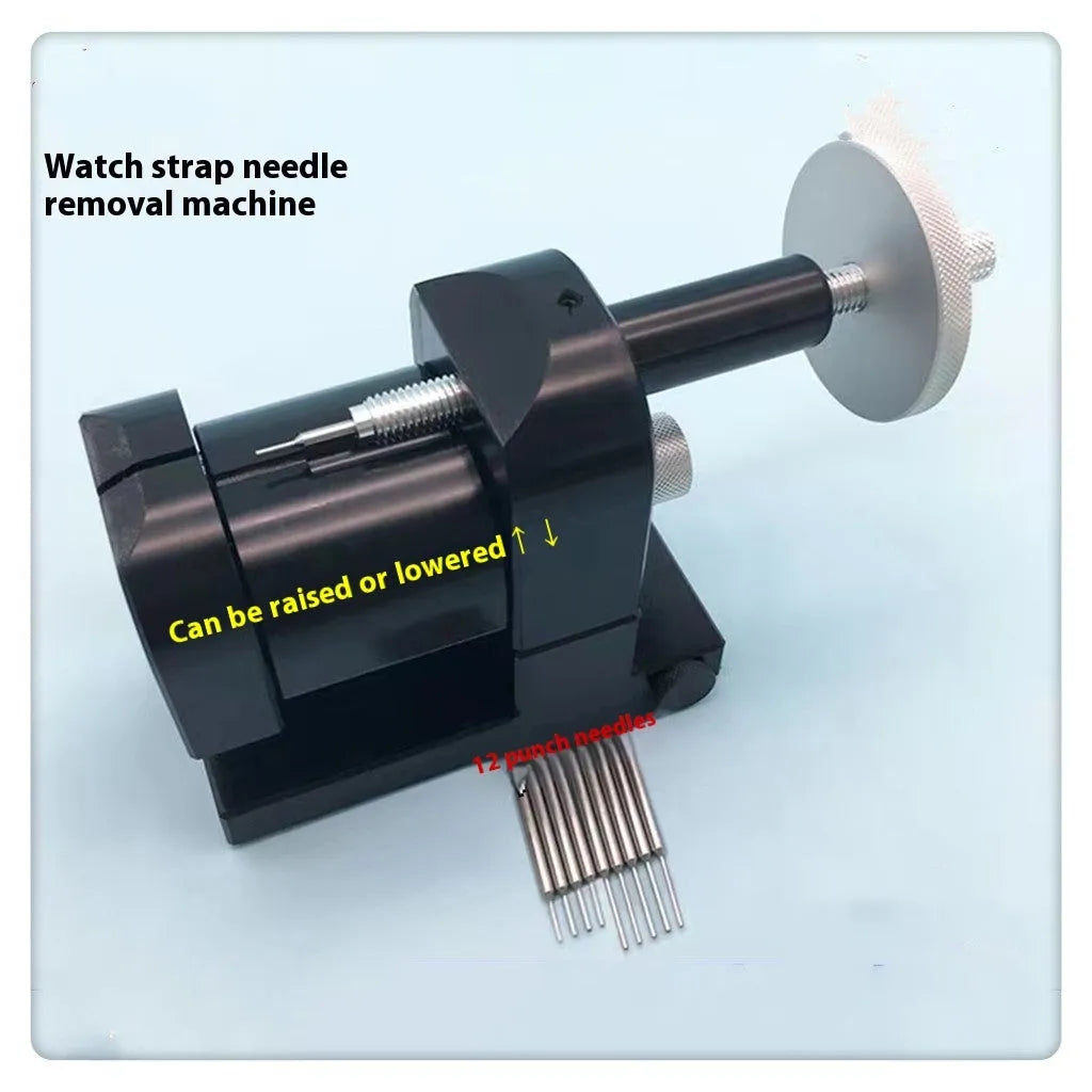 Alloy steel watch strap removal machine with bench mount frame and tool components for watch repair