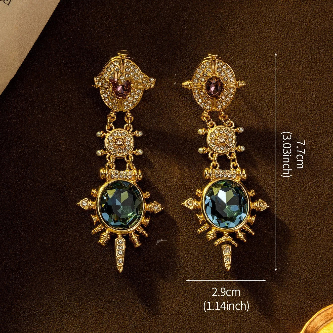 Gold geometric round stud earrings with retro court style design