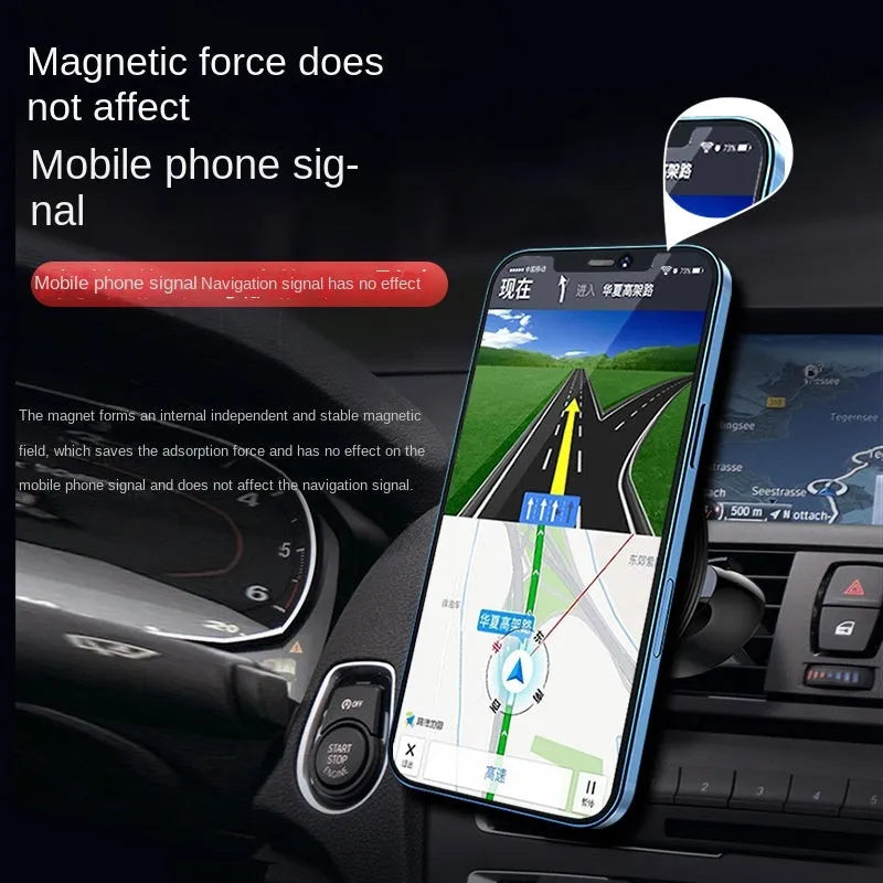 Matte black magnetic car phone holder with suction cup mounted on a car air vent.