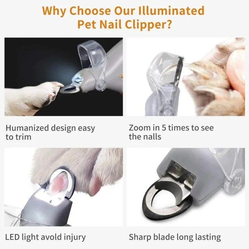 Yellow pet nail clipper with LED light and magnifying lens, safety guard, and non-slip handle