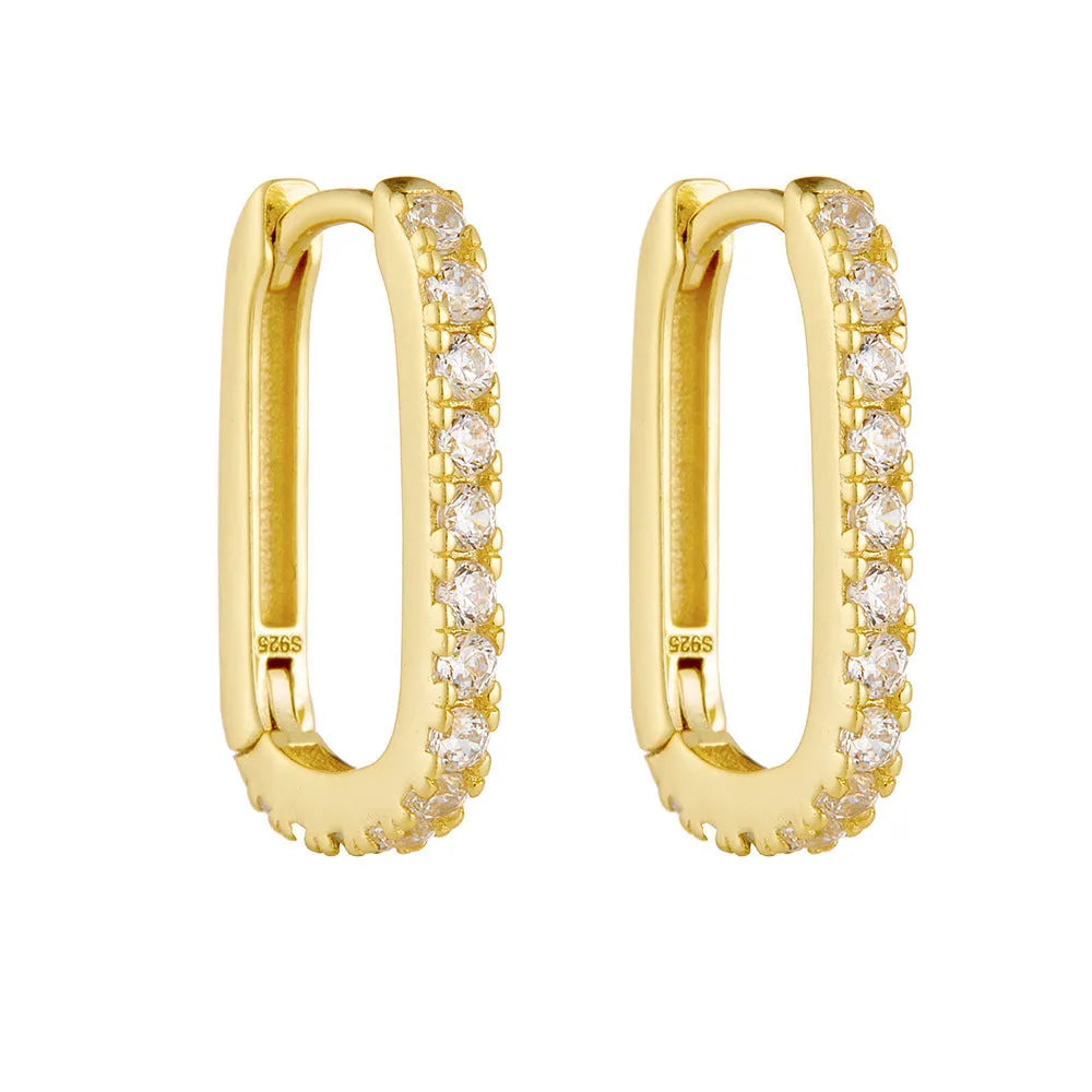 Sterling silver clip-on earrings with oval zircon stone in geometric design