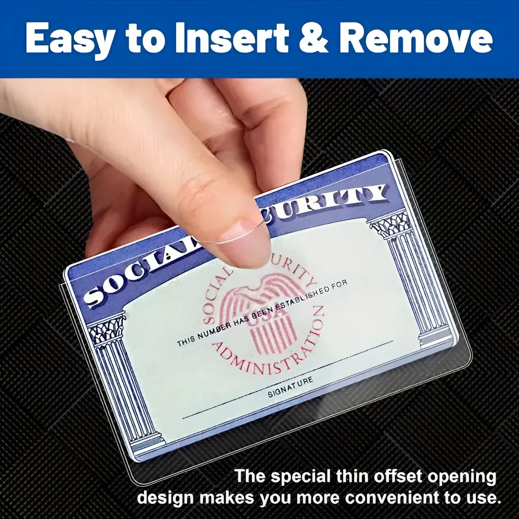 Transparent PVC card holder protecting a social security card, shown alongside a student ID.