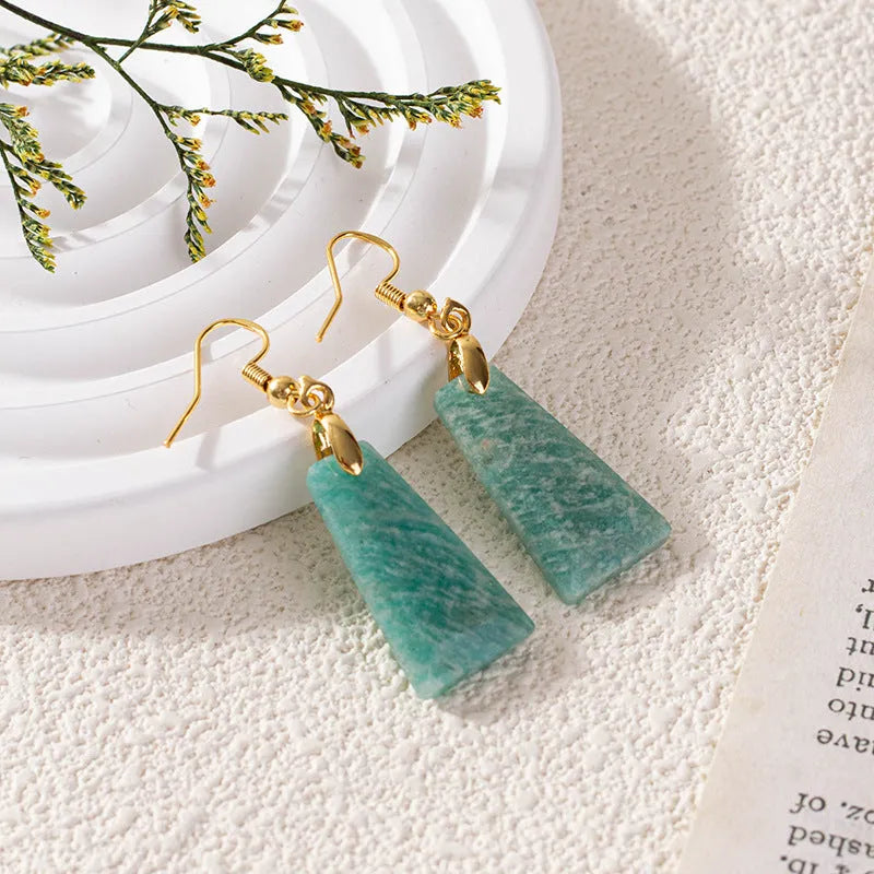 Amazonite rough stone trapezoid geometric earrings with gold or silver plating
