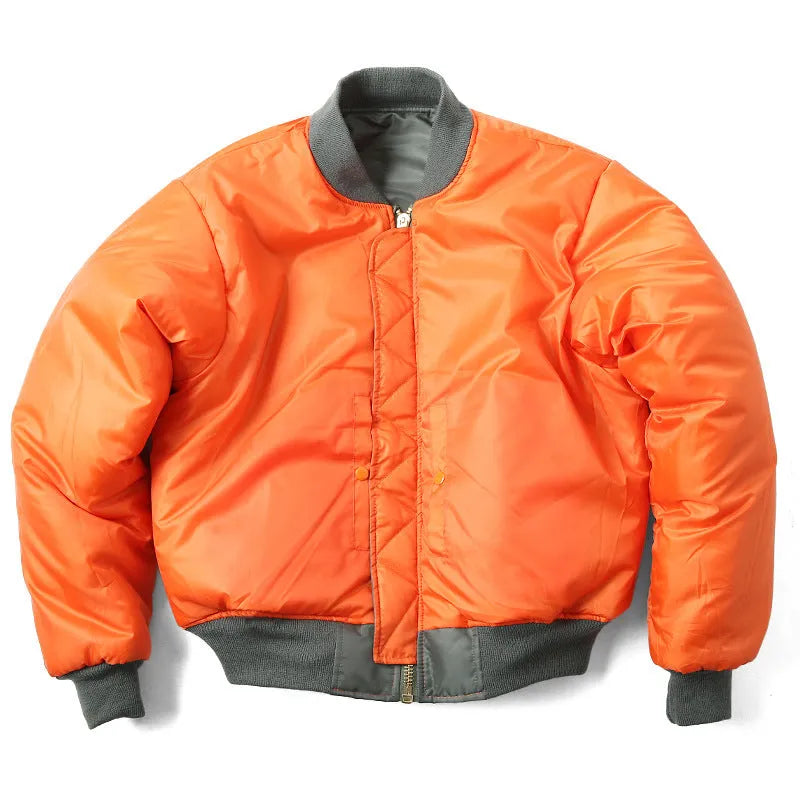 Men's loose-fit army green nylon pilot jacket on a hanger