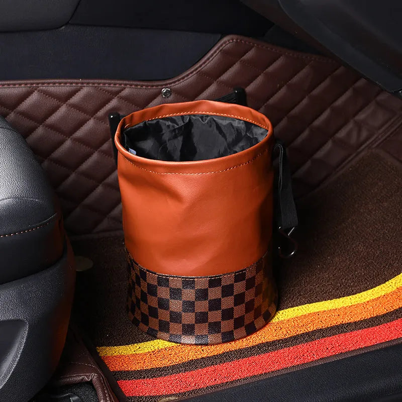 Leather retractable car trash can with handle in folded position