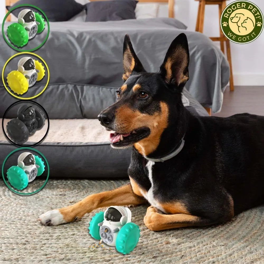 Interactive dog treat dispenser toy with robot appearance roller design for slow feeding