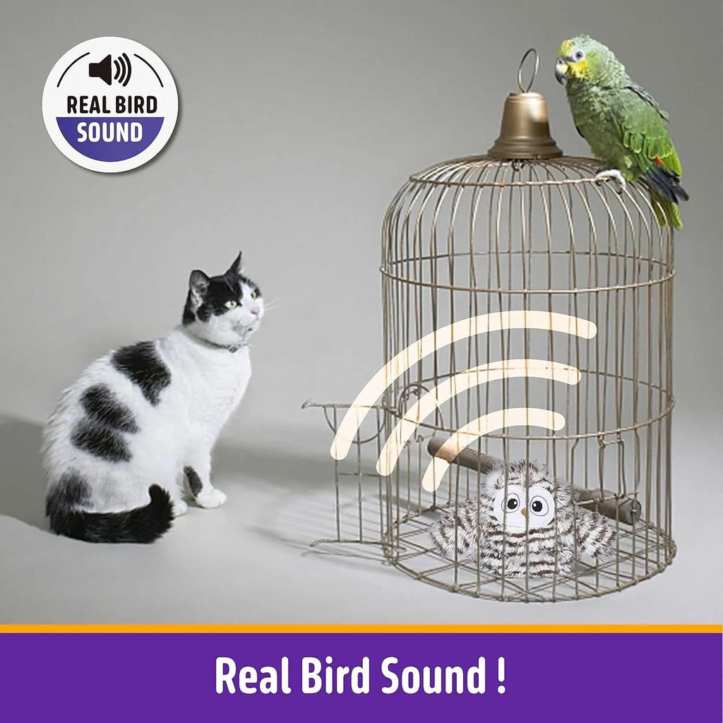 Grey automatic chirping owl cat toy with flapping wings on USB charging cable