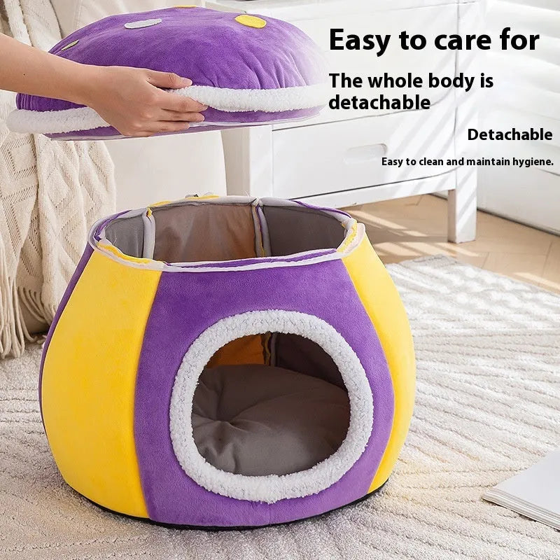 Grey mushroom-shaped plush cat bed for winter, shown with detachable parts and labelled S, L, XL size options.