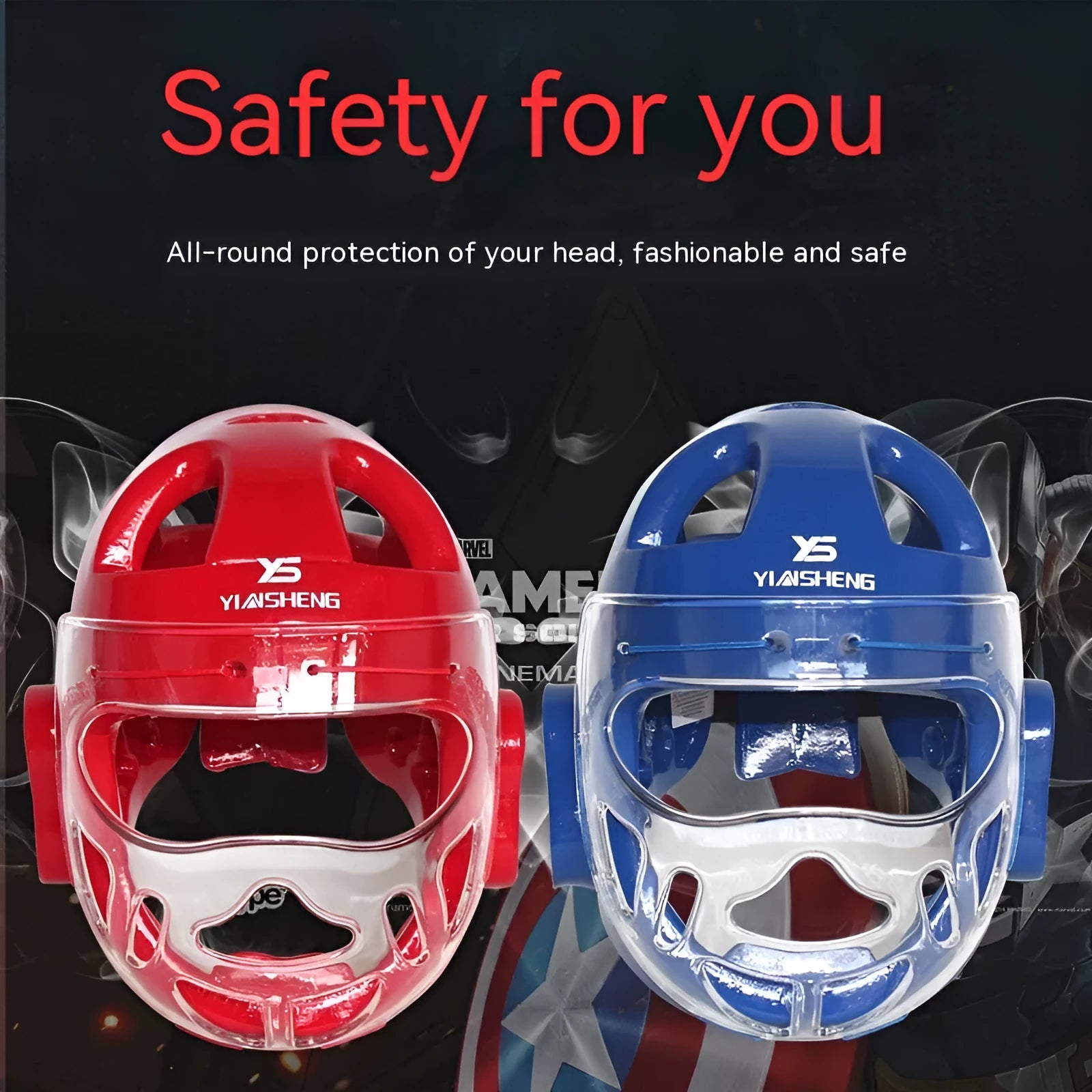 Karate helmet for boxing head protection in blue, red, or white colours available in multiple sizes