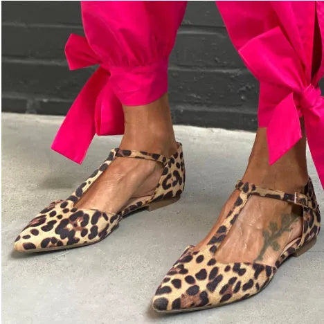 Women's leopard print pointed toe pumps with chunky low heel and cross shoulder strap