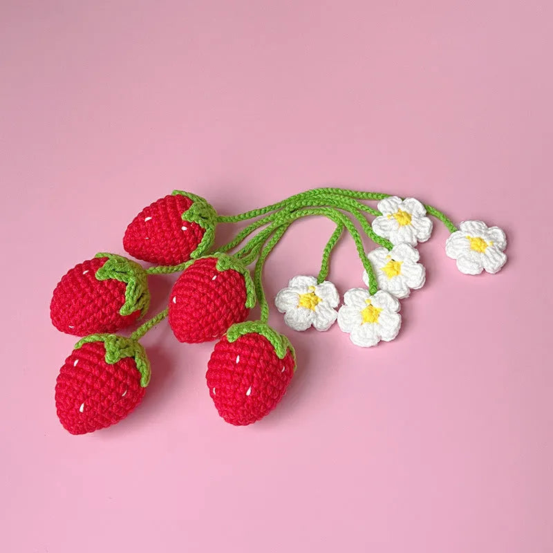 Handmade wool crochet strawberry pendant with 35cm cord in red or pink colour options
