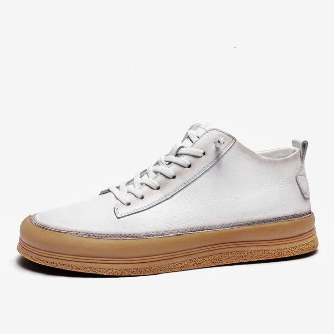 Men's black leather casual shoes with round toe, flat heel, and white laces on a rubber sole.