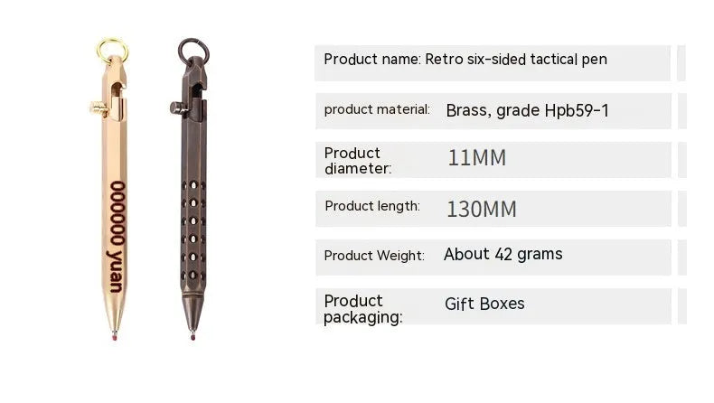 Brass hexagonal bolt pen in brass or black finish with 0.5mm rollerball tip