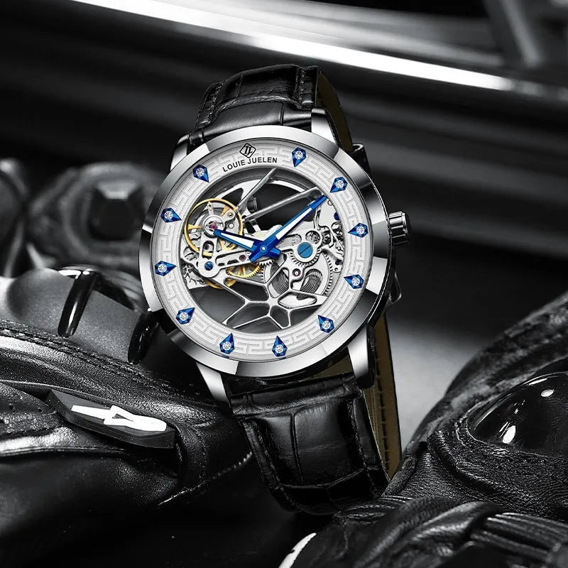 Men's silver mechanical watch with luminous hands on black leather strap