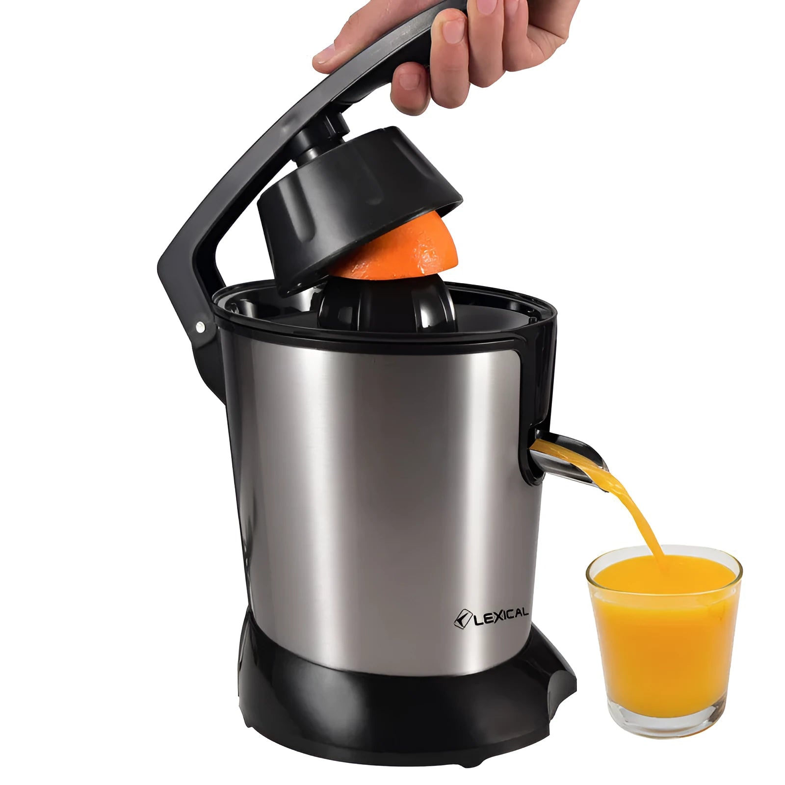 Stainless steel electric juicer for separating lemon and orange juice.