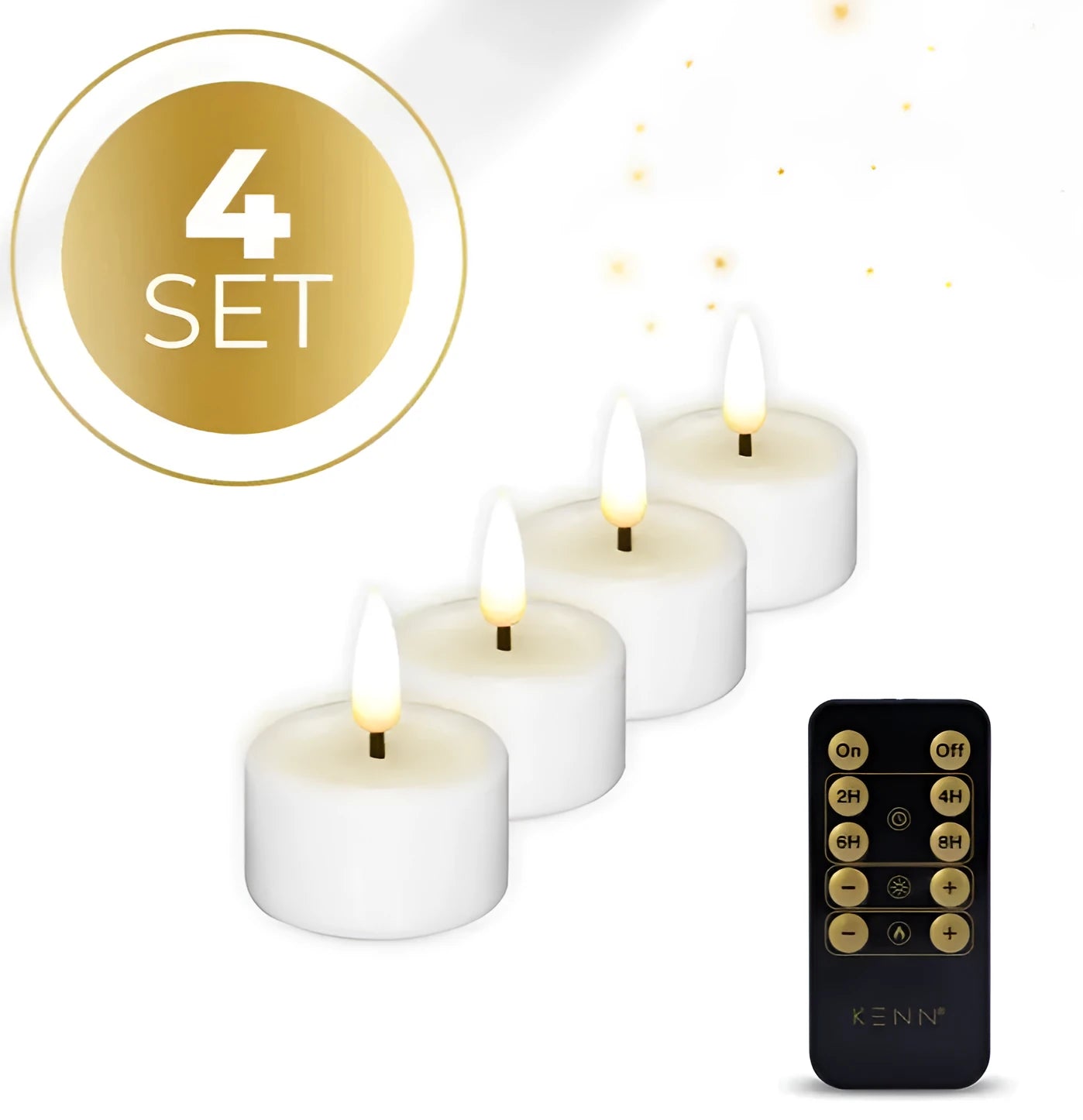 Four white LED tealight candles with flickering flame effect