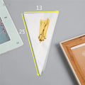 Clear triangular OPP plastic packaging bag with a twisted wire seal, shown next to a pack of bags.