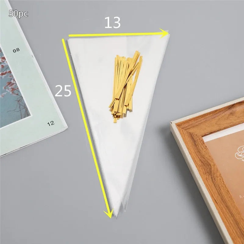 Clear triangular OPP plastic packaging bag with a twisted wire seal, shown next to a pack of bags.