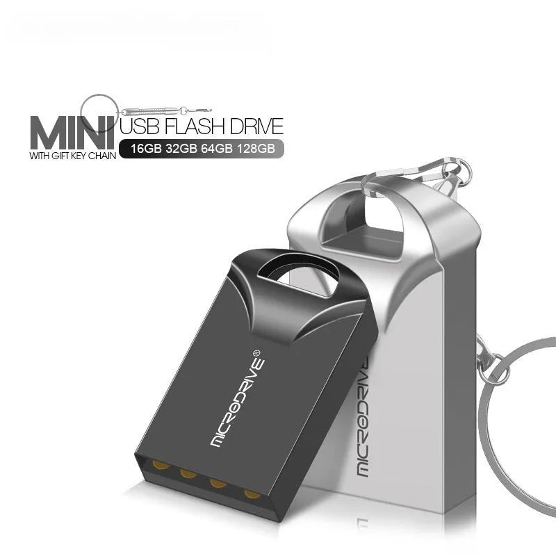 Mini black and silver metal USB flash drive showing compact size