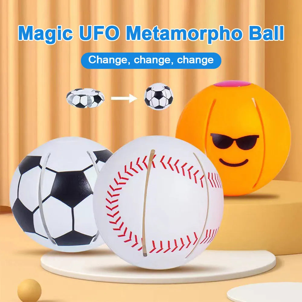 9cm diameter plastic dog toy ball that transforms into a flying disc, shown in assorted colours.