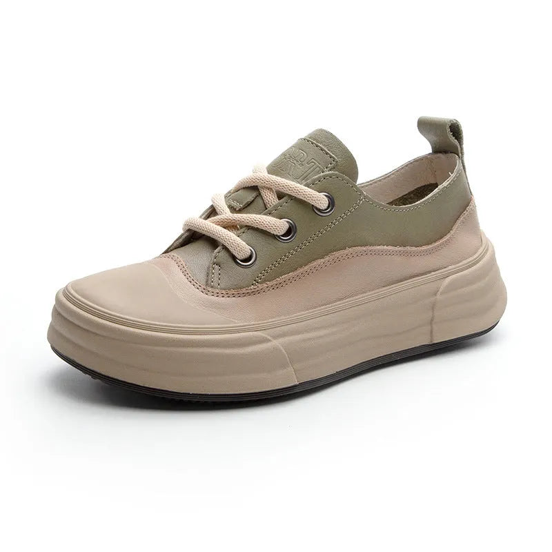 Women's leather platform sneakers in matcha, purple, and orange colours with round toe and lace-up front.