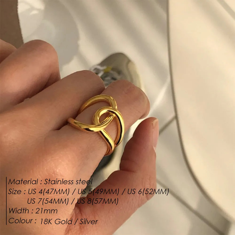 Knotted adjustable women's ring with U-shaped geometric design in stainless steel