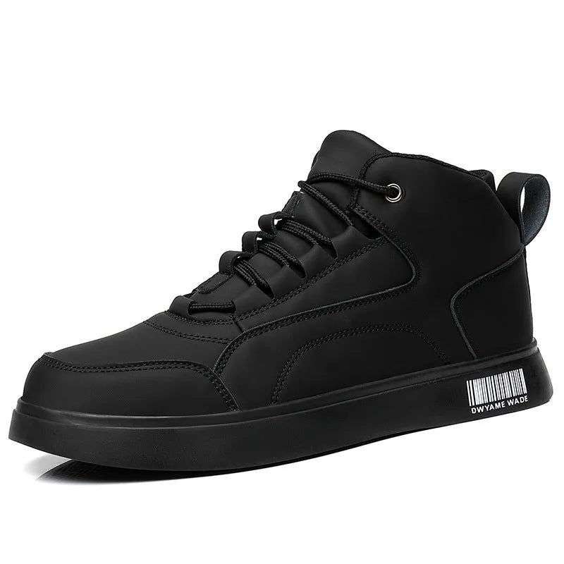 Men's white mid-top sports board shoes with round toe and front lace-up design