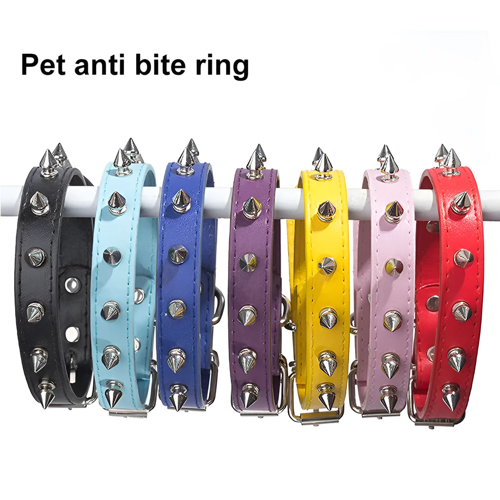 A spiked dog collar made of thickened black PU leather with a metal alloy buckle and silver studs.