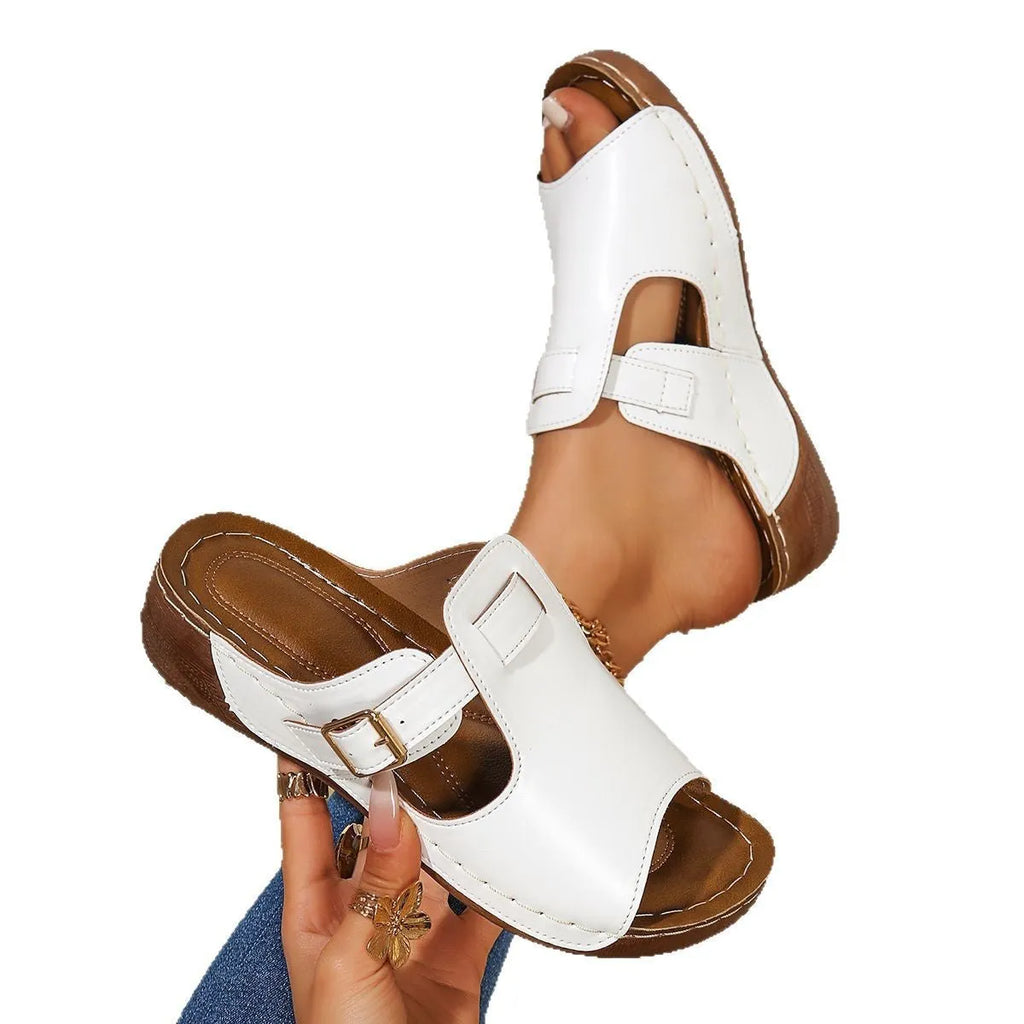 Women's white fish mouth summer slippers with magic stick design showing PU upper and EVA sole