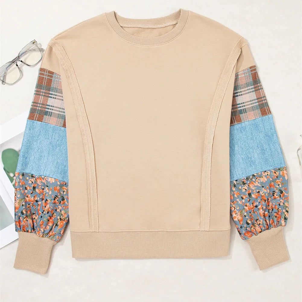 Women's loose fit plaid long-sleeved top in apricot colour with Japanese Korean styling