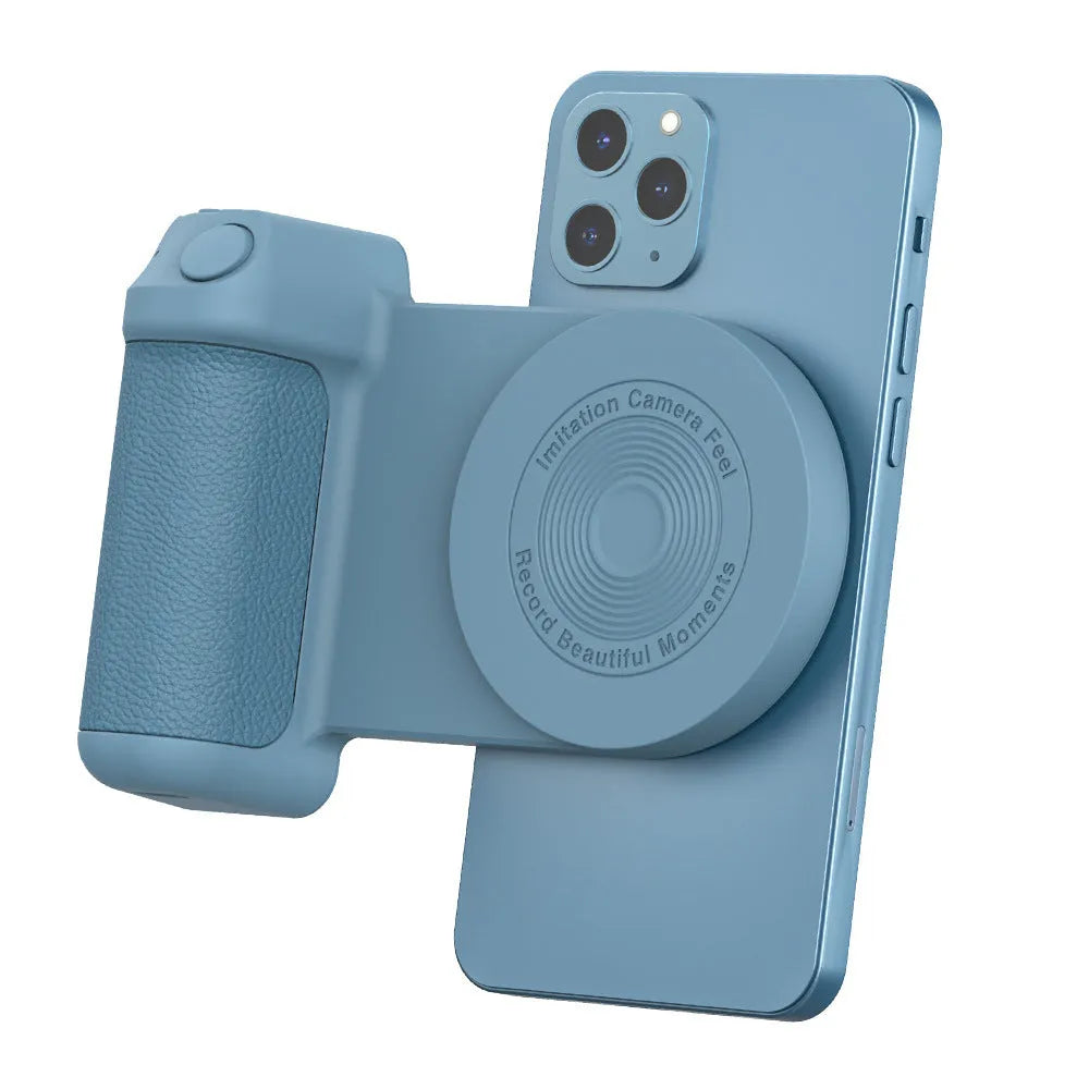 Black multifunctional magnetic phone camera holder with ergonomic PU leather grip on a table.